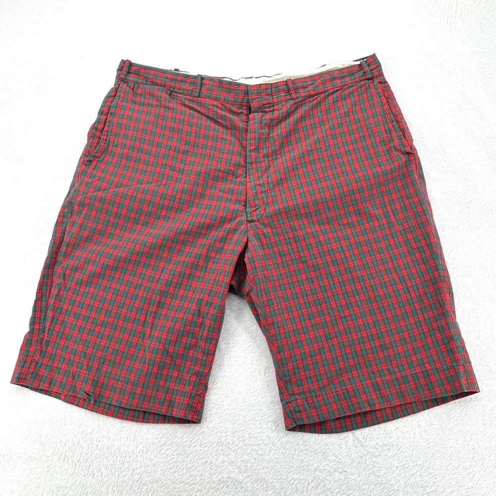 Vintage Red Green Plaid Cinch Back Shorts Men SZ 37 Flat Front Preppy Streetwear